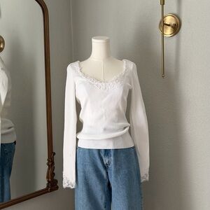 Vintage 90s Caché White Lace Ribbed Long Sleeve Top M Coquette Fairycore Boho